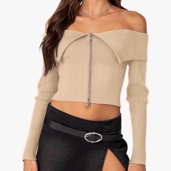 REORIA Off-Shoulder Beige Sweater with 2-Way Zipper Size Small NWT - Picture 16 of 16